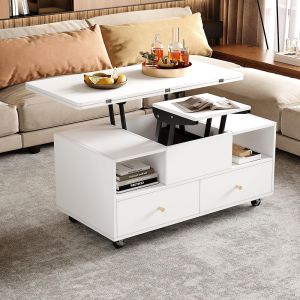 Mesa de centro dobrável com rodas e altura ajustável, branca