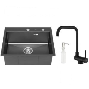 Pia - inox - 55x45x18,5cm - preto - torneira retrátil - dispenser de sabão