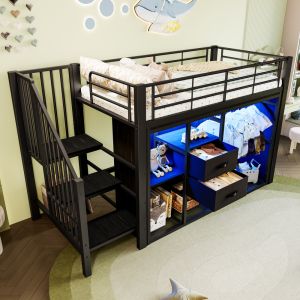 Cama semialta 90x200cm com arrumação e LED metal – preto