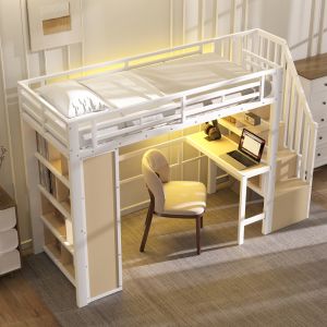 Cama alta 90x200cm com secretária arrumação LED aço mdf branco