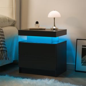 Mesa de cabeceira com luz LED e 2 gavetas preta
