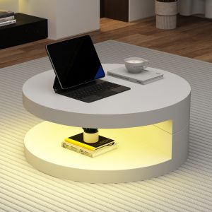 Mesa de centro redonda giratória com iluminação LED branco 35,5x70x70cm