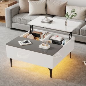 Mesa de centro elevatória com LED e arrumação branco 70x70x35cm