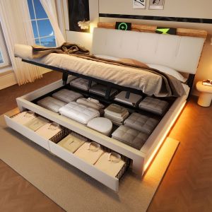 Cama estofada 180x200cm com arrumação LED usb tipo c linho – bege