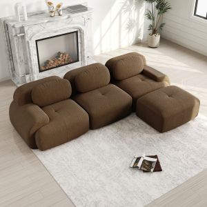 Sofá canto modular sem montagem braços largos veludo cotelê marrom