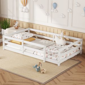 Cama montessori 140x200cm com grade 4 lados madeira de pinheiro branco