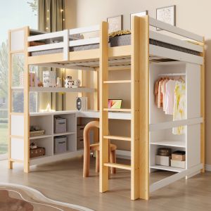 Cama alta 140x200cm com secretária e arrumação madeira – cor natural