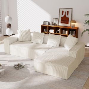 Sofá modular em l em bombazina branco 3 lugares com chaise longue