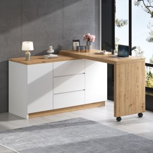 Secretária dobrável giratória 2 portas 3 gavetas branco 76,5x120x50cm