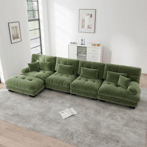 Sofá modular em l chenille verde 4 lugares com otomanas móveis