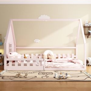 Cama infantil 140x200cm com grade madeira pinho rosa sem colchao