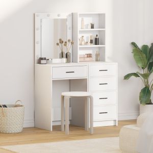 Conjunto de mesa de maquiagem de 2 peças com LED em madeira branca wf913526