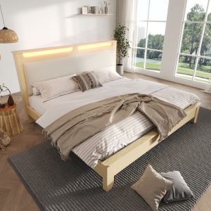 Cama de casal 180x200cm com arrumação e LED madeira e tecido canelado bege