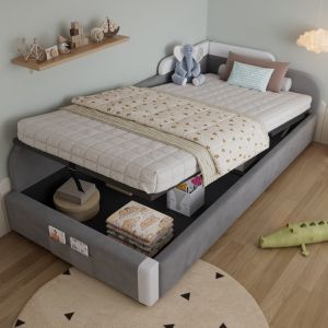 Cama estofada 90x200cm com arrumação hidráulica veludo – cinzento