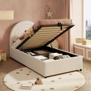 Cama estofada 90x200cm com arrumação hidráulica bouclé sem colchão – bege