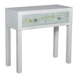 Mesa de entrada com 2 gavetas, madeira laqueada branca, dourada