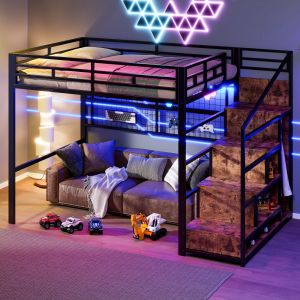 Cama elevada 140x200cm com escada arrumação e luz 7 cores metal – preto