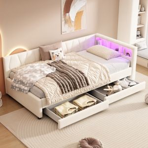 Cama divã 90x200 cm em linho bege com LED usb tipo c e 2 gavetas