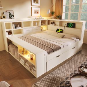 Cama com arrumação 140x200cm com carga usb e tipo c madeira – branco