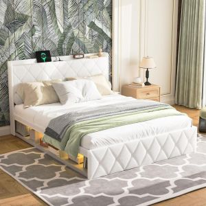 Cama casal estofada com luzes LED 140x200cm branco