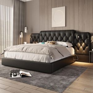 Cama baú 160x200 cm veludo com LED usb luz leitura cabeceira preto