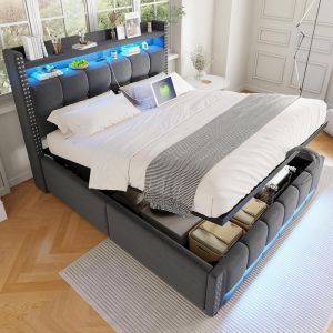 Cama casal estofada com arrumo 140x200cm cinza