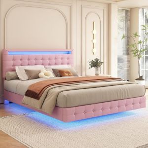 Cama 140x200cm com LED ambiente, cabeceira regulável, estrado, rosa