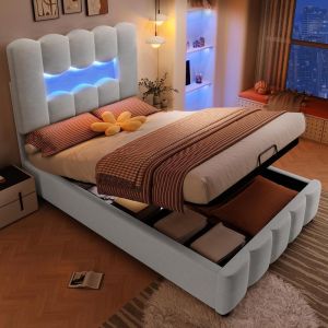Cama 90x200cm com LED, cabeceira regulável e arrumação cinzenta