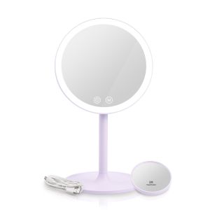 Emke espelho de maquiagem roxo claro, LED regulável, 1x/3x, toque