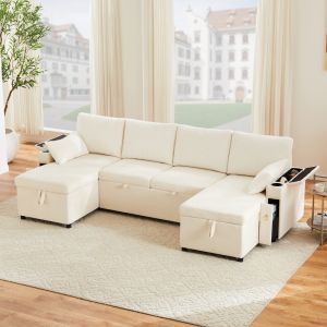 Sofá cama em u modular em chenille e bombazina bege 4 lugares com arrumação