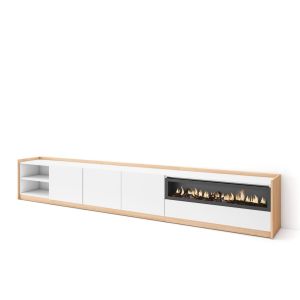 Móvel de tv, 310x37x50cm, branco e carvalho soft, lareira eléctrica rf4333