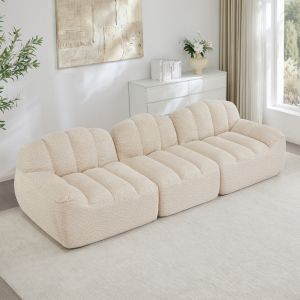 Sofá modular em l em tecido felpudo granulado bege e branco 3 lugares