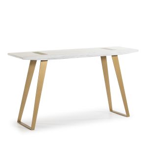 Mesa de console 150x40x80 em madeira branca com detalhes em metal dourado.