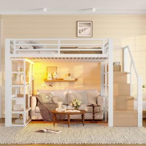 Cama alta 140x200cm com LED, prateleiras, escada e proteção, branca