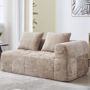 Sofá 2 lugares em chenille caqui com almofada e bolsos laterais