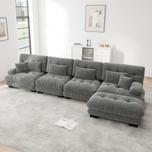 Sofá modular em l em chenille cinzento 4 lugares com otomana