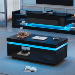 Mesa de centro com iluminação LED 1 gaveta preto 40x100x50cm
