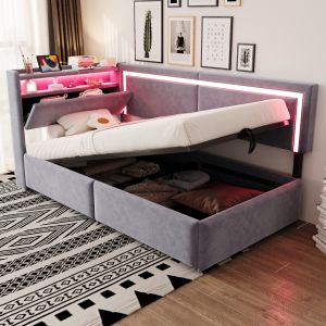 Sofá cama estofado 90x200cm com arrumação e LED veludo – cinzento claro