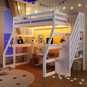 Cama alta 90x200cm com secretária em l escada arrumação LED madeira branca