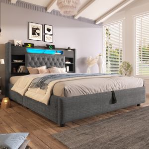 Cama estofada 180x200cm com arrumação LED e portas usb linho cinzento