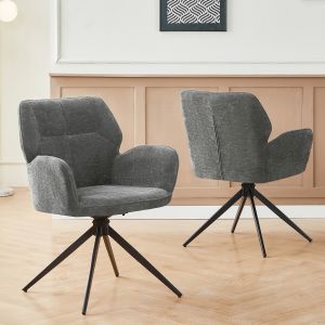 Conjunto 2 cadeiras jantar giratórias chenille cinzento escuro com braços