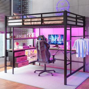 Cama alta 140x200cm com LED, secretária, usb, 3 gavetas, preto
