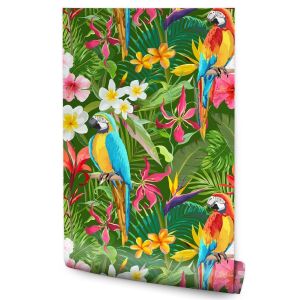 Papel de parede quarto perroquets folhas flores tropicais