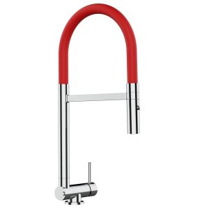 Grifo cocina abatible 4,5cm cromado caño flexible rojo ducha 2chorros