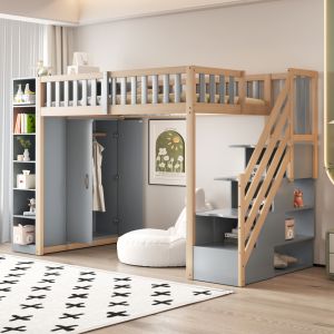 Cama alta 90x200cm com armário escadas com arrumação madeira – cinzento