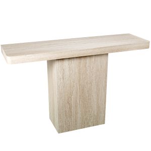 Mesa de entrada em mdf com revestimento em papel travertino na cor natural.