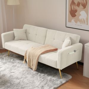Sofá-cama reclinável em tecido tipo borrego branco 3 lugares