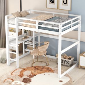 Cama casal 140x200cm com secretária e 4 nichos madeira pinho branca