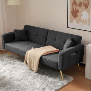 Sofá cama reclinável em tecido cinzento antigo com bolsos laterais
