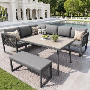 Conjunto de móveis de jardim modular cinzento com mesa e almofadas